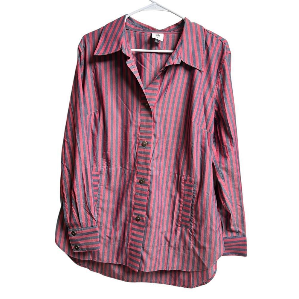 Cabi Regatta Tunic/Shacket Red Blue Striped Button Down Long Sleeve Medium